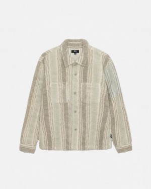 Beige Men's Stussy Striped Sherpa Shirts Philippines | CGE-6995