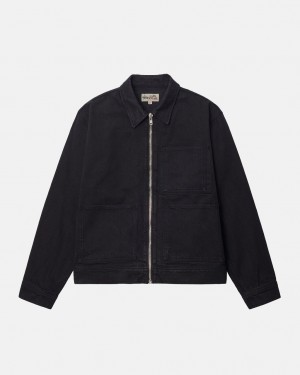 Black / Black Men's Stussy Zip Work Jacket Overdyed Denim Philippines | AZE-9383