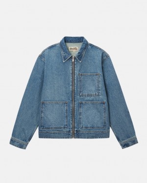 Blue Men's Stussy Zip Work Jacket Denim Philippines | AKL-2379