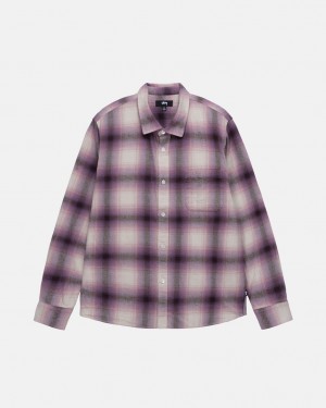 Burgundy Men's Stussy Bay Plaid Shirts Philippines | LHQ-2047