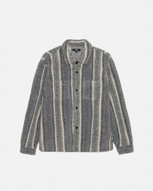 Charcoal Men's Stussy Striped Sherpa Shirt Jackets Philippines | ALY-4391