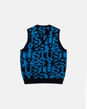 Dark Navy Men's Stussy Stacked Sweater Vest Sweaters Philippines | IZG-1557