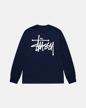 Navy Men's Stussy Basic Stussy Ls Tees Philippines | IHI-9158