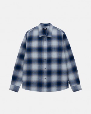 Navy Men's Stussy Bay Plaid Shirts Philippines | DMT-8523