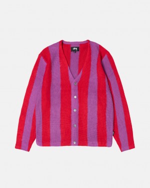 Purple Men's Stussy Stripe Brushed Cardigan Sweaters Philippines | SQG-4484