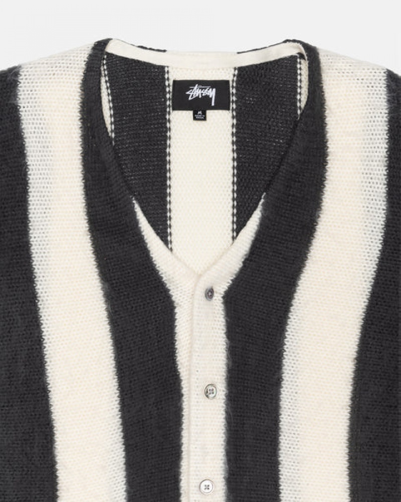 Beige Men's Stussy Stripe Brushed Cardigan Sweaters Philippines | YAF-6565