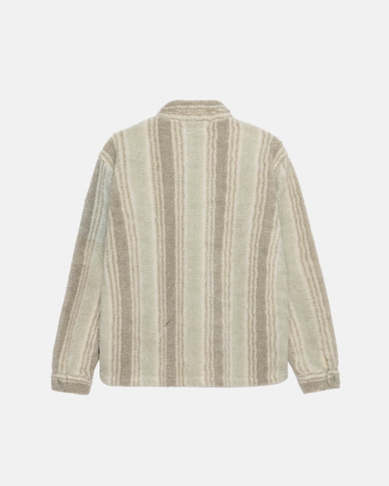 Beige Men's Stussy Striped Sherpa Shirts Philippines | CGE-6995