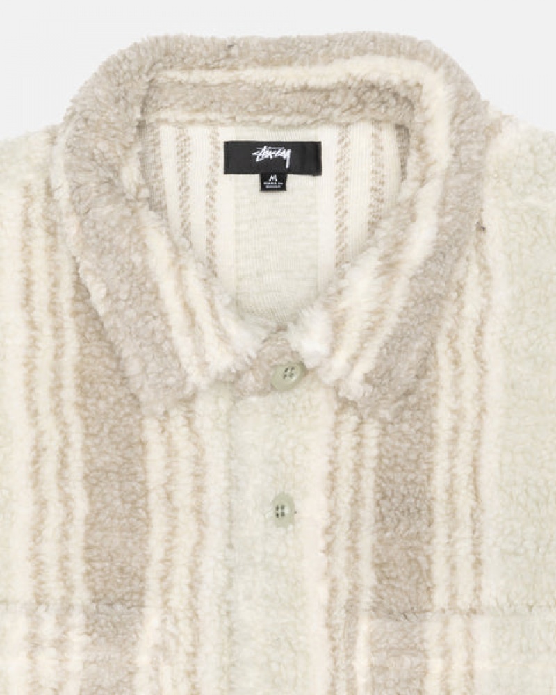 Beige Men's Stussy Striped Sherpa Shirts Philippines | CGE-6995