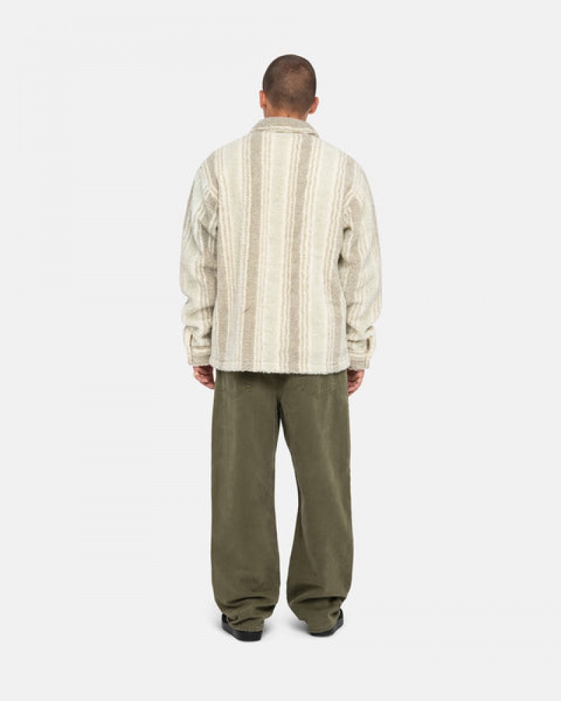 Beige Men's Stussy Striped Sherpa Shirts Philippines | CGE-6995