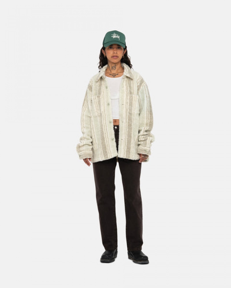 Beige Men's Stussy Striped Sherpa Shirts Philippines | CGE-6995