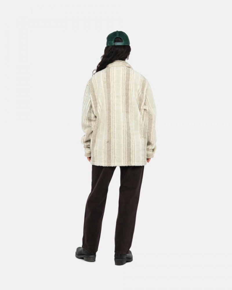 Beige Men's Stussy Striped Sherpa Shirts Philippines | CGE-6995