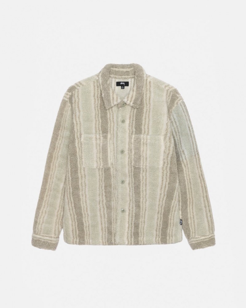 Beige Men\'s Stussy Striped Sherpa Shirts Philippines | CGE-6995