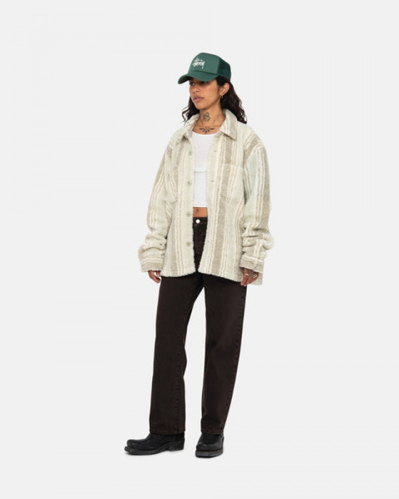 Beige Women's Stussy Striped Sherpa Shirt Jackets Philippines | COD-9359