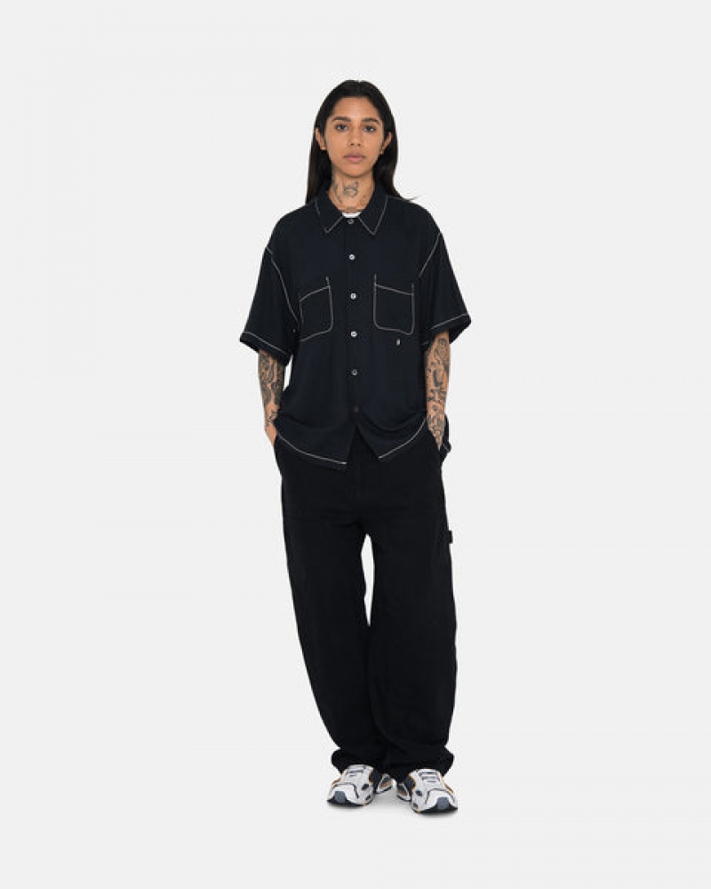 Black Men's Stussy Contrast Pick Stitched Shirts Philippines | NGP-3123