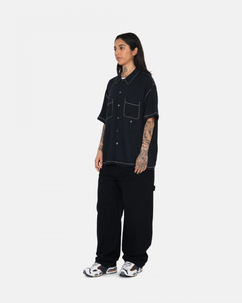 Black Men's Stussy Contrast Pick Stitched Shirts Philippines | NGP-3123