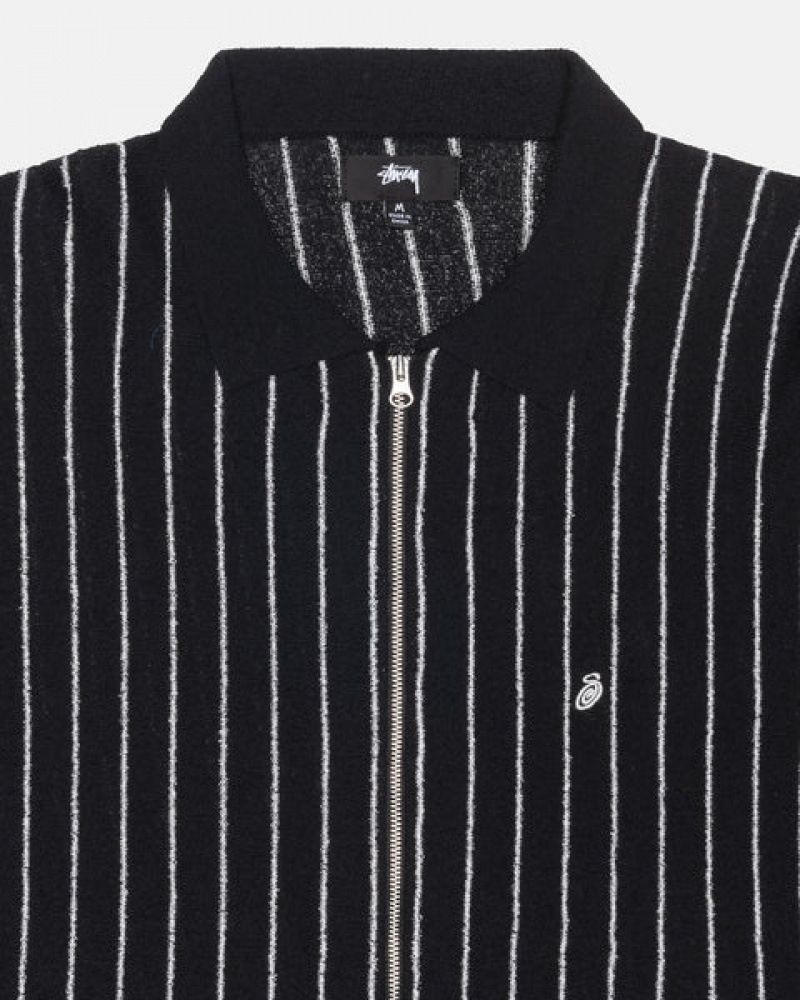 Black Men's Stussy Light Weight Ls Zip Polo Shirts Philippines | QOD-6902