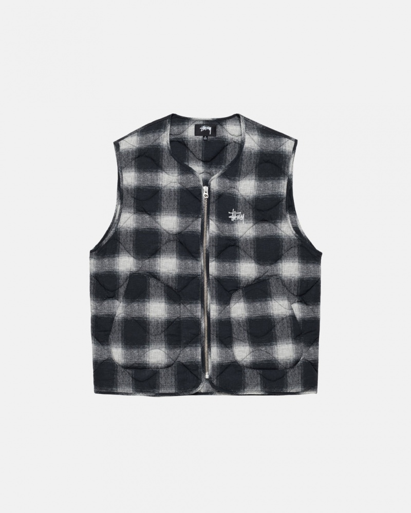 Black Men\'s Stussy Plaid Nylon Liner Vest Philippines | PKF-0651