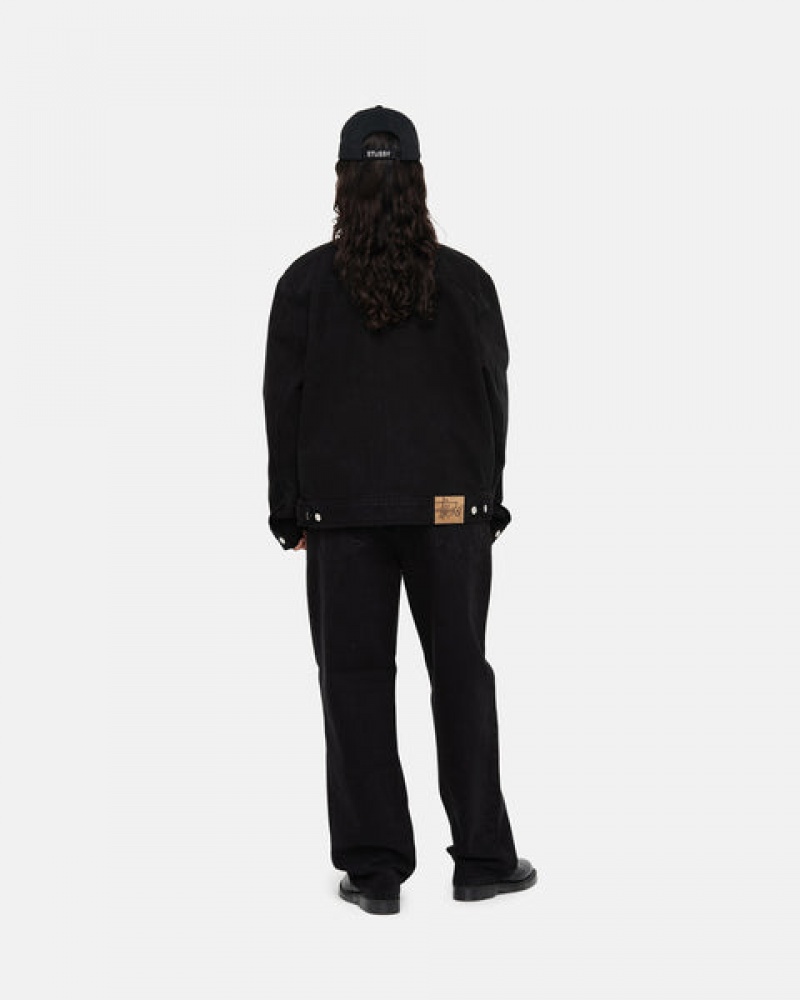 Black / Black Men's Stussy Zip Work Jacket Overdyed Denim Philippines | AZE-9383