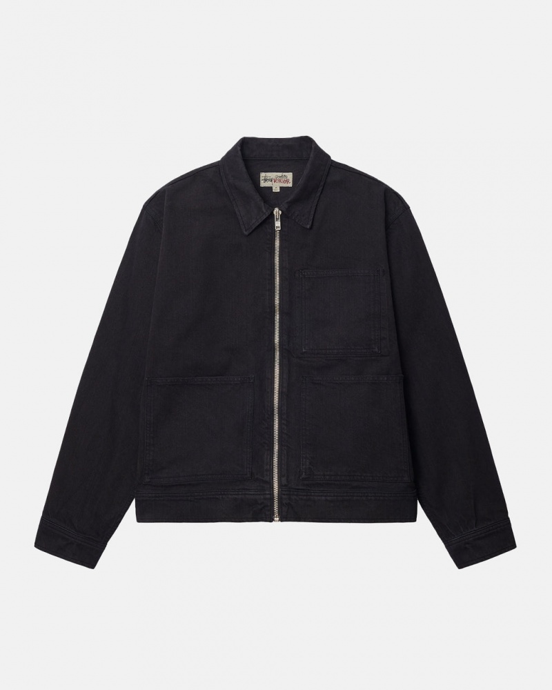 Black / Black Men\'s Stussy Zip Work Jacket Overdyed Jackets Philippines | EES-0990