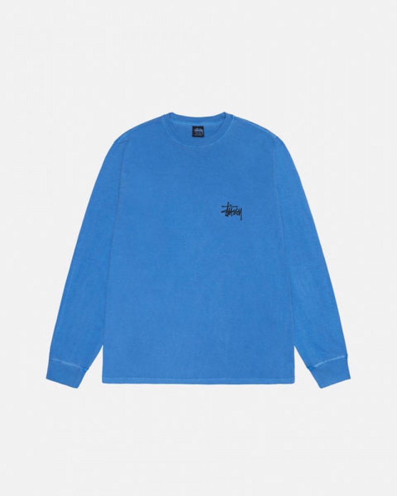 Blue Men's Stussy Basic Stussy LS Tee Pigment Dyed Tees Philippines | HLI-9054