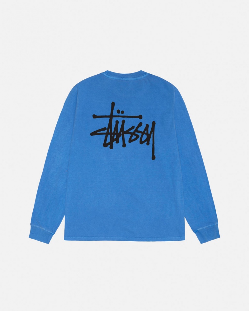 Blue Men\'s Stussy Basic Stussy LS Tee Pigment Dyed Tees Philippines | HLI-9054