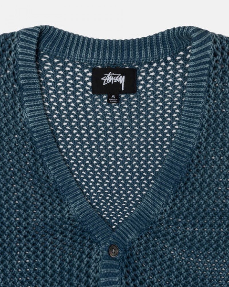 Blue Men's Stussy Loose Gauge Cardigan Sweaters Philippines | COJ-0427