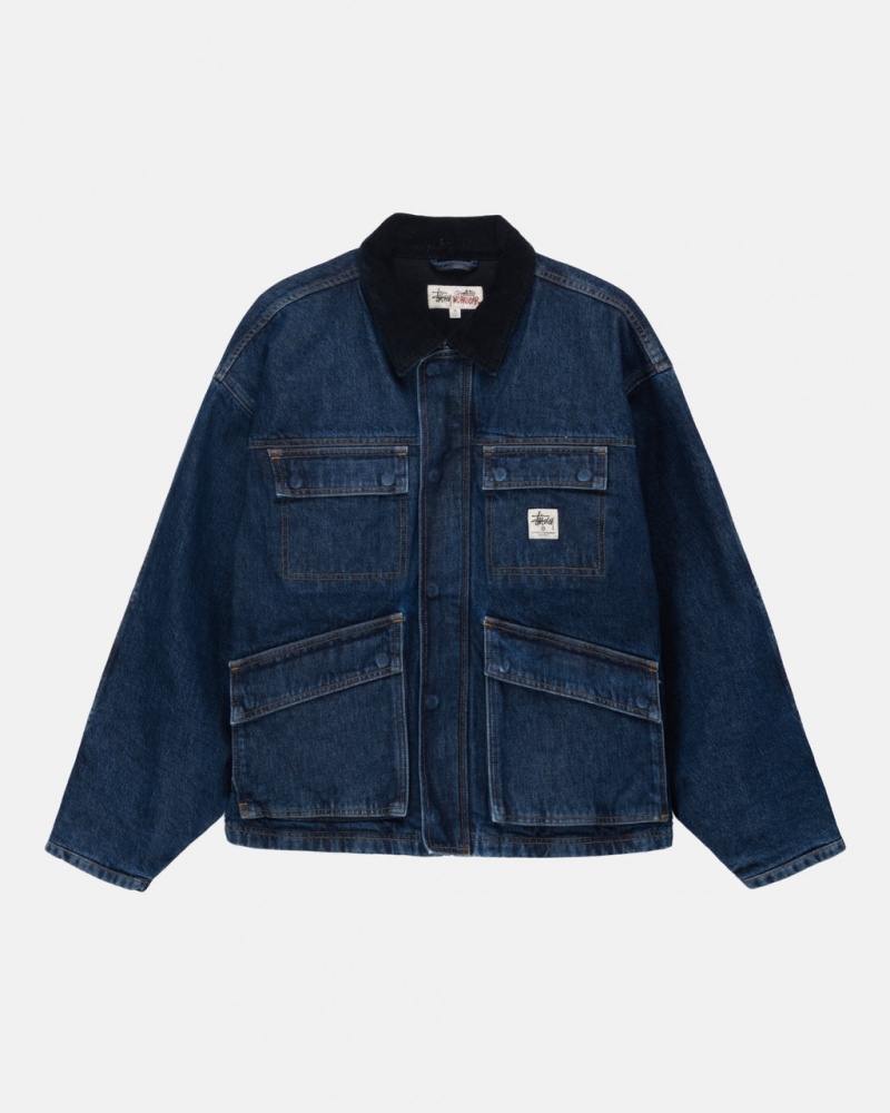 Blue Men\'s Stussy Shop Jacket Washed Denim Jackets Philippines | BEU-5698