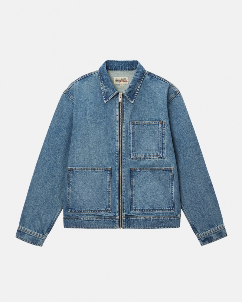 Blue Men\'s Stussy Zip Work Jacket Denim Philippines | AKL-2379