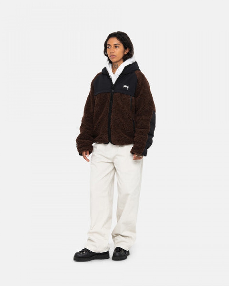 Brown Men's Stussy Sherpa Paneled Hooded Jackets Philippines | RIN-3890