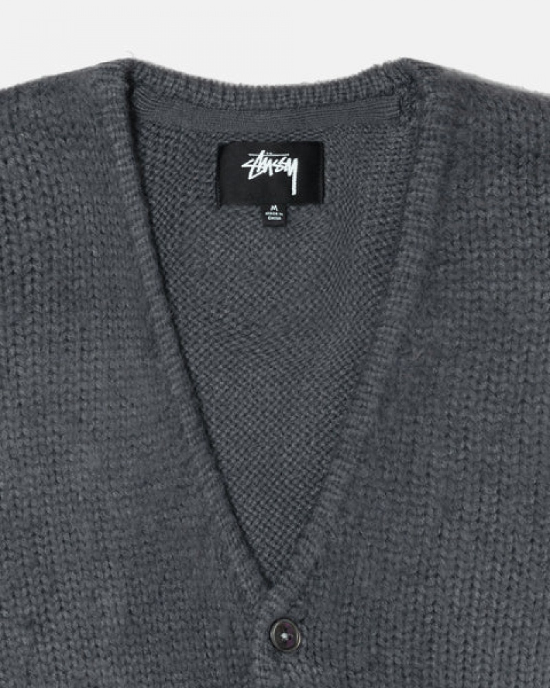 Charcoal Men's Stussy Brushed Cardigan Sweaters Philippines | DOS-3470