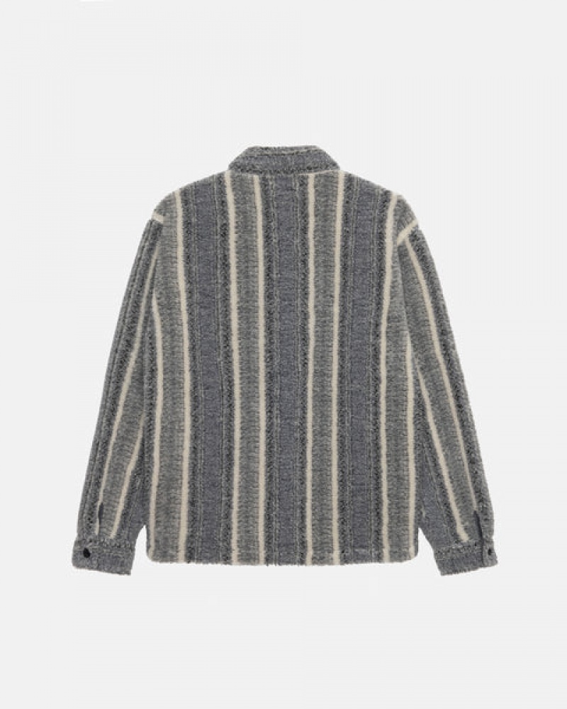 Charcoal Men's Stussy Striped Sherpa Shirt Jackets Philippines | ALY-4391