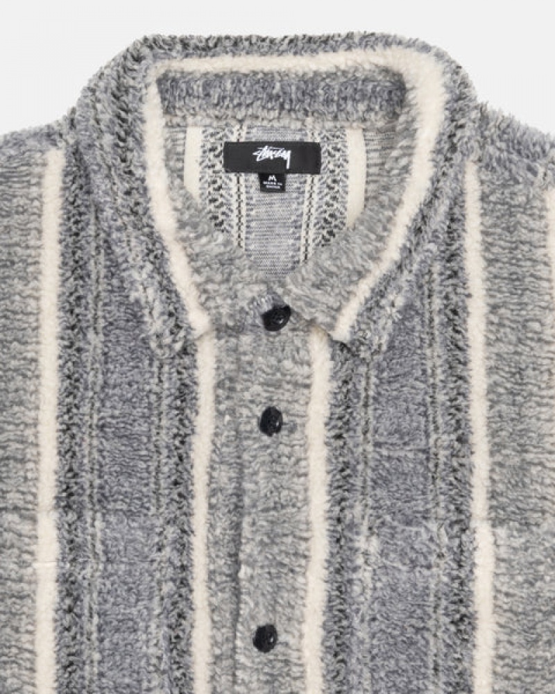 Charcoal Men's Stussy Striped Sherpa Shirt Jackets Philippines | ALY-4391