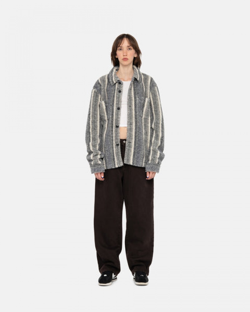 Charcoal Men's Stussy Striped Sherpa Shirt Jackets Philippines | ALY-4391