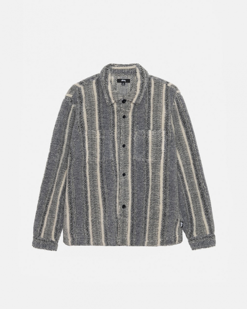 Charcoal Men\'s Stussy Striped Sherpa Shirt Jackets Philippines | ALY-4391