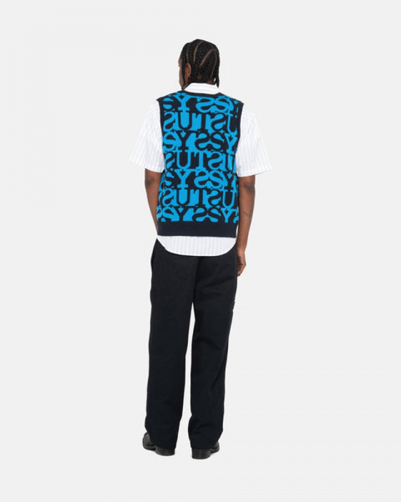 Dark Navy Men's Stussy Stacked Sweater Vest Sweaters Philippines | IZG-1557