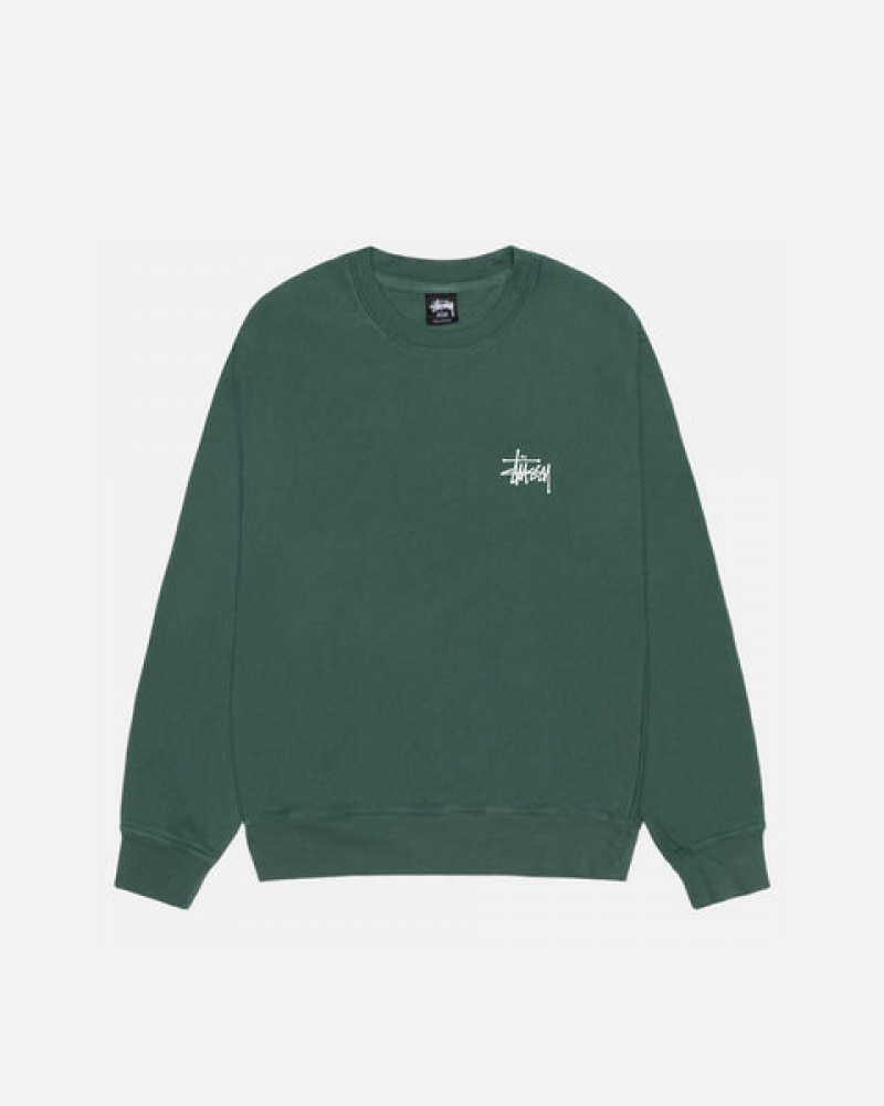 Green Men's Stussy Basic Stussy Crew Pigment Dyed Sweatshirts Philippines | OBT-2408