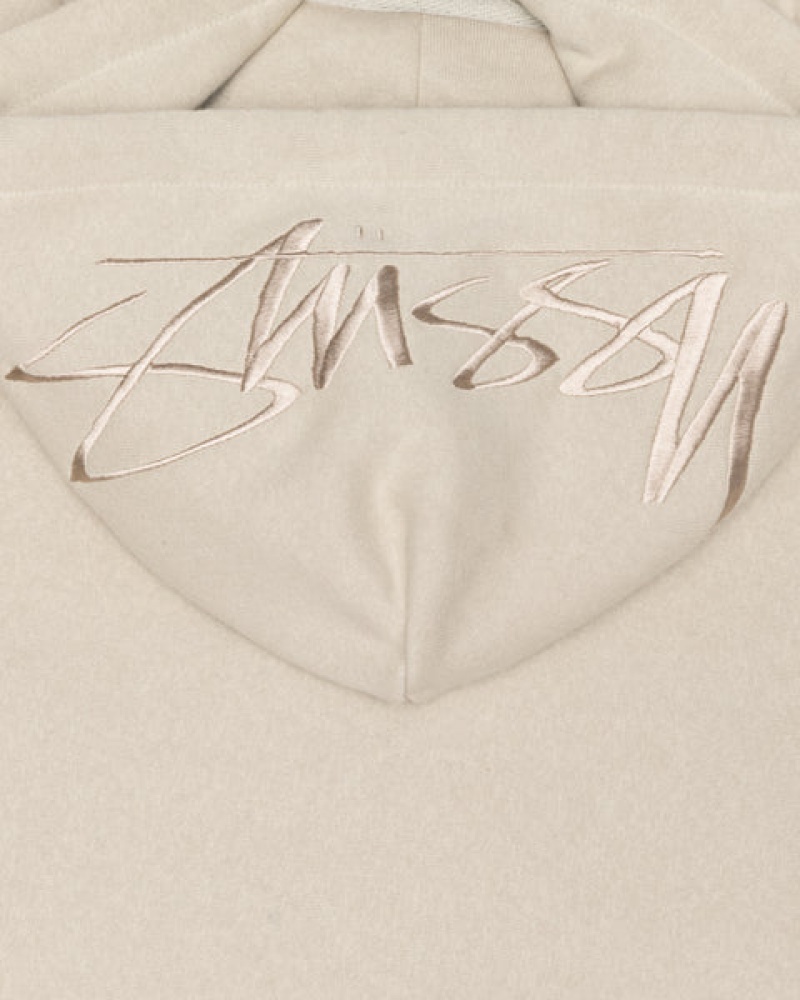 Khaki Men's Stussy Back Hood Applique Hood Sweatshirts Philippines | OZK-9595