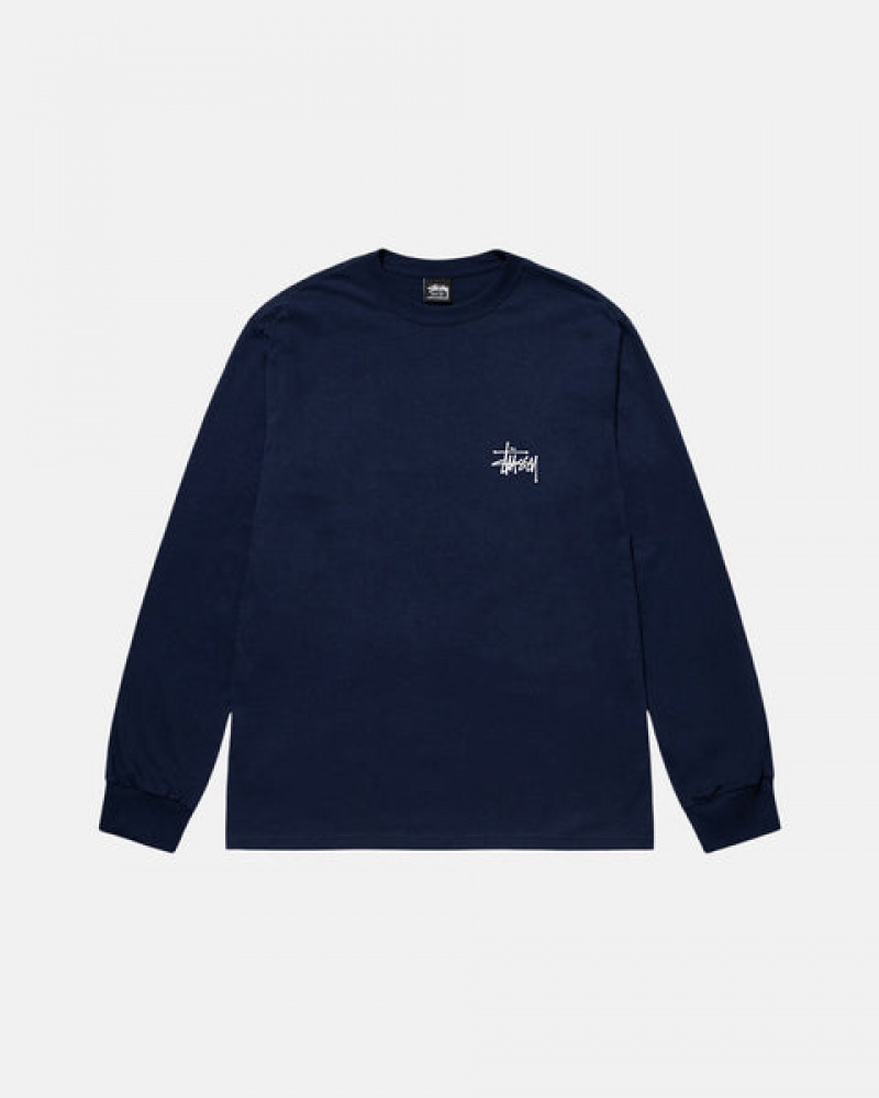 Navy Men's Stussy Basic Stussy Ls Tees Philippines | IHI-9158