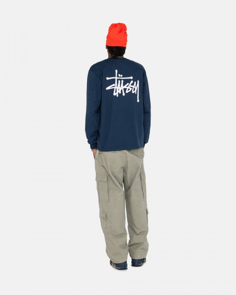 Navy Men's Stussy Basic Stussy Ls Tees Philippines | IHI-9158