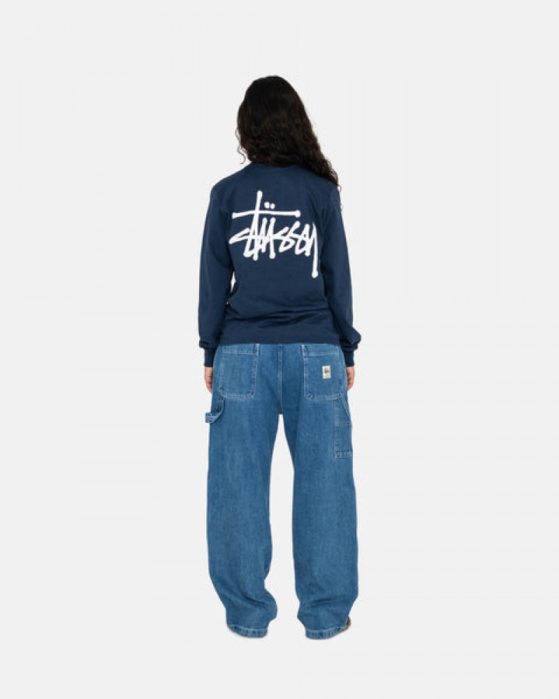 Navy Men's Stussy Basic Stussy Ls Tees Philippines | IHI-9158