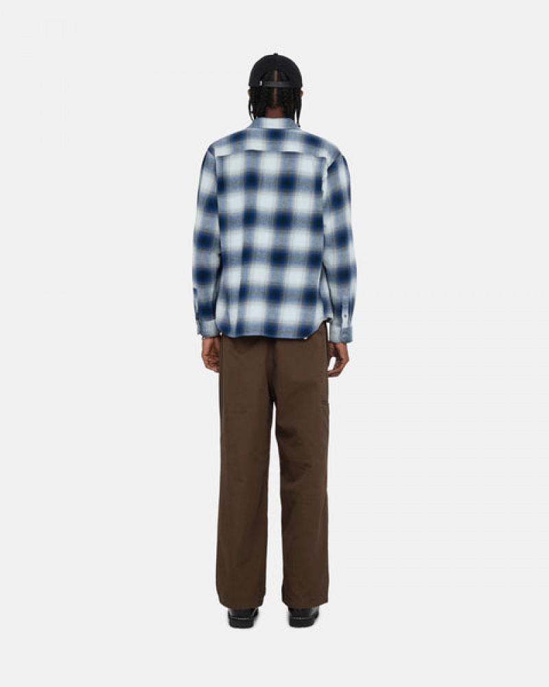 Navy Men's Stussy Bay Plaid Shirt Jackets Philippines | LIA-8164