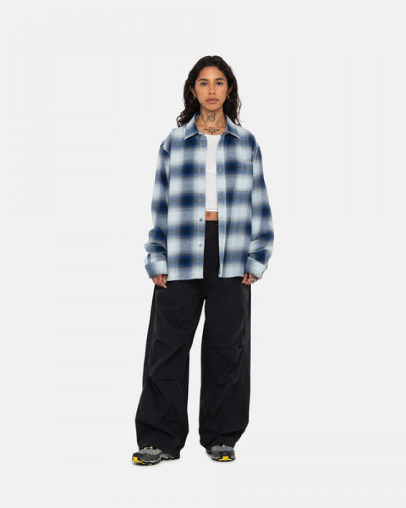 Navy Men's Stussy Bay Plaid Shirt Jackets Philippines | LIA-8164