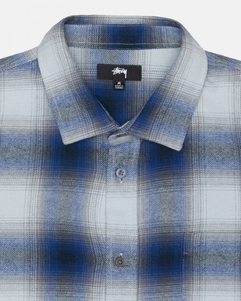 Navy Men's Stussy Bay Plaid Shirts Philippines | DMT-8523