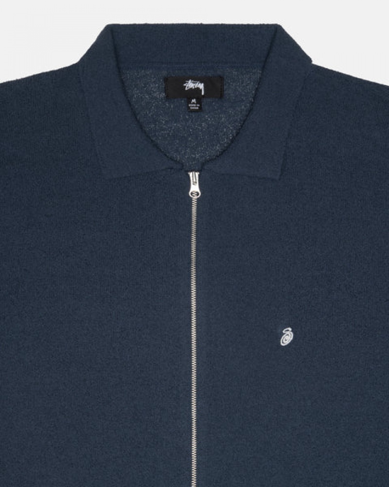 Navy Men's Stussy Light Weight Ls Zip Polo Shirts Philippines | TER-1827