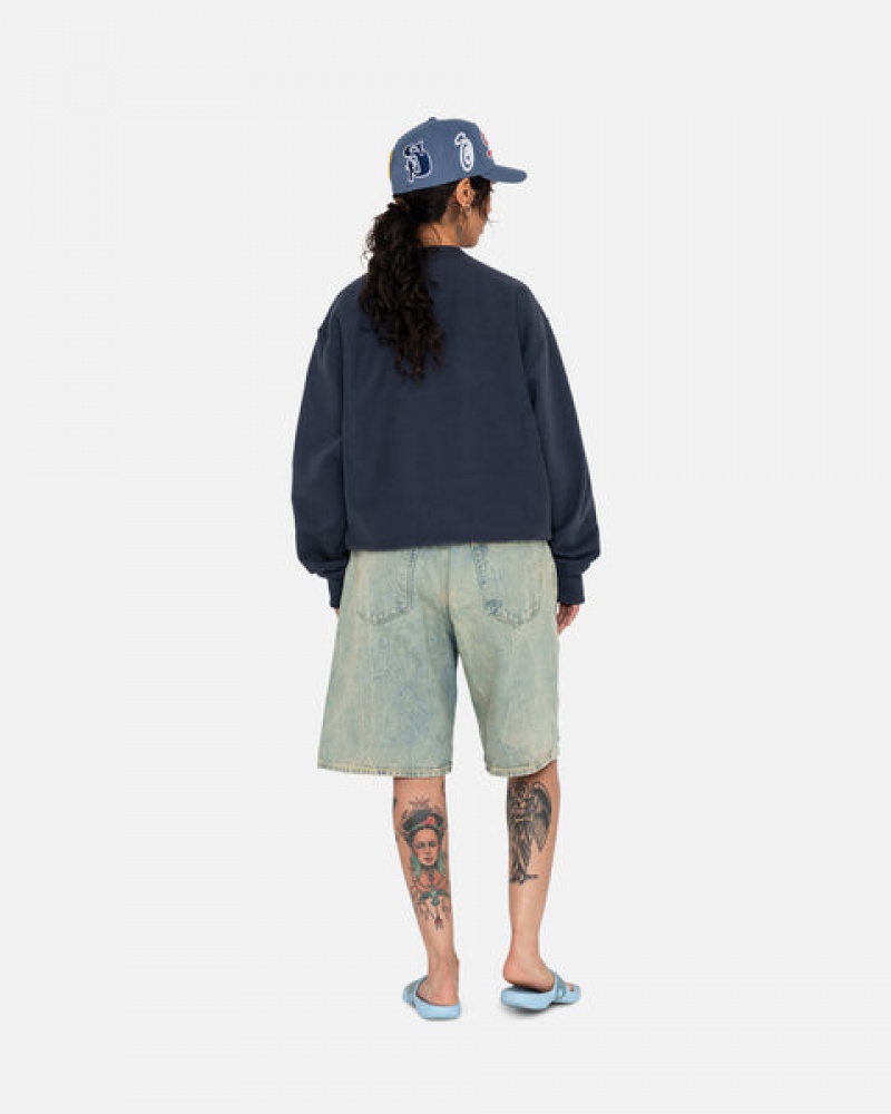 Navy Men's Stussy Overdyed Stock Logo Crew Sweatshirts Philippines | JYX-7555