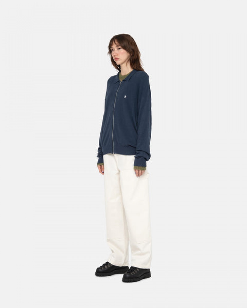 Navy Women's Stussy Light Weight Ls Zip Polo Tops Philippines | SZA-3347