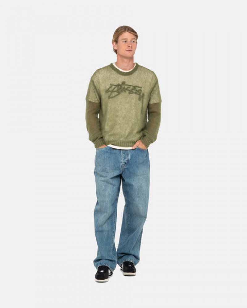 Olive Men's Stussy Loose Knit Sweaters Philippines | FFI-7891