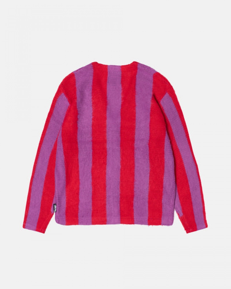 Purple Men's Stussy Stripe Brushed Cardigan Sweaters Philippines | SQG-4484