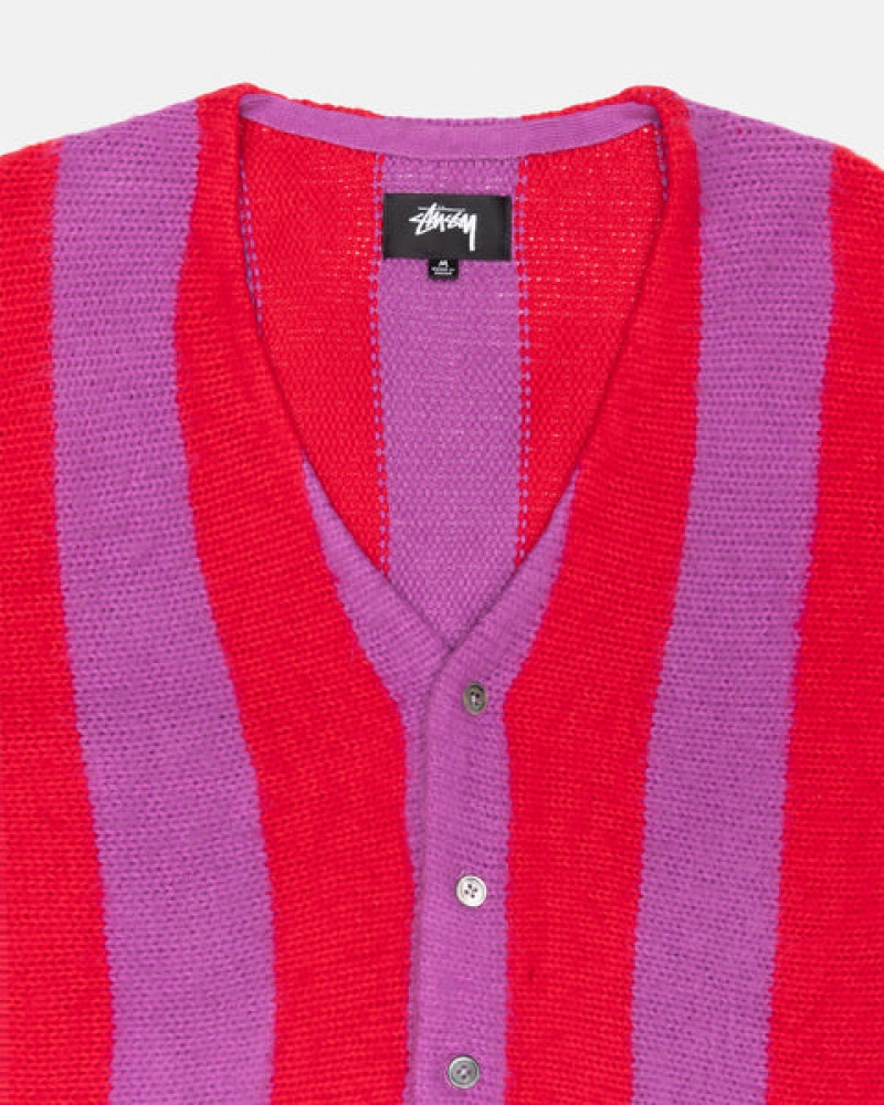 Purple Men's Stussy Stripe Brushed Cardigan Sweaters Philippines | SQG-4484