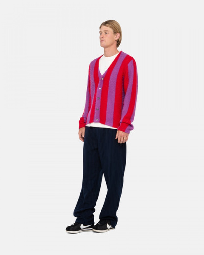 Purple Men's Stussy Stripe Brushed Cardigan Sweaters Philippines | SQG-4484